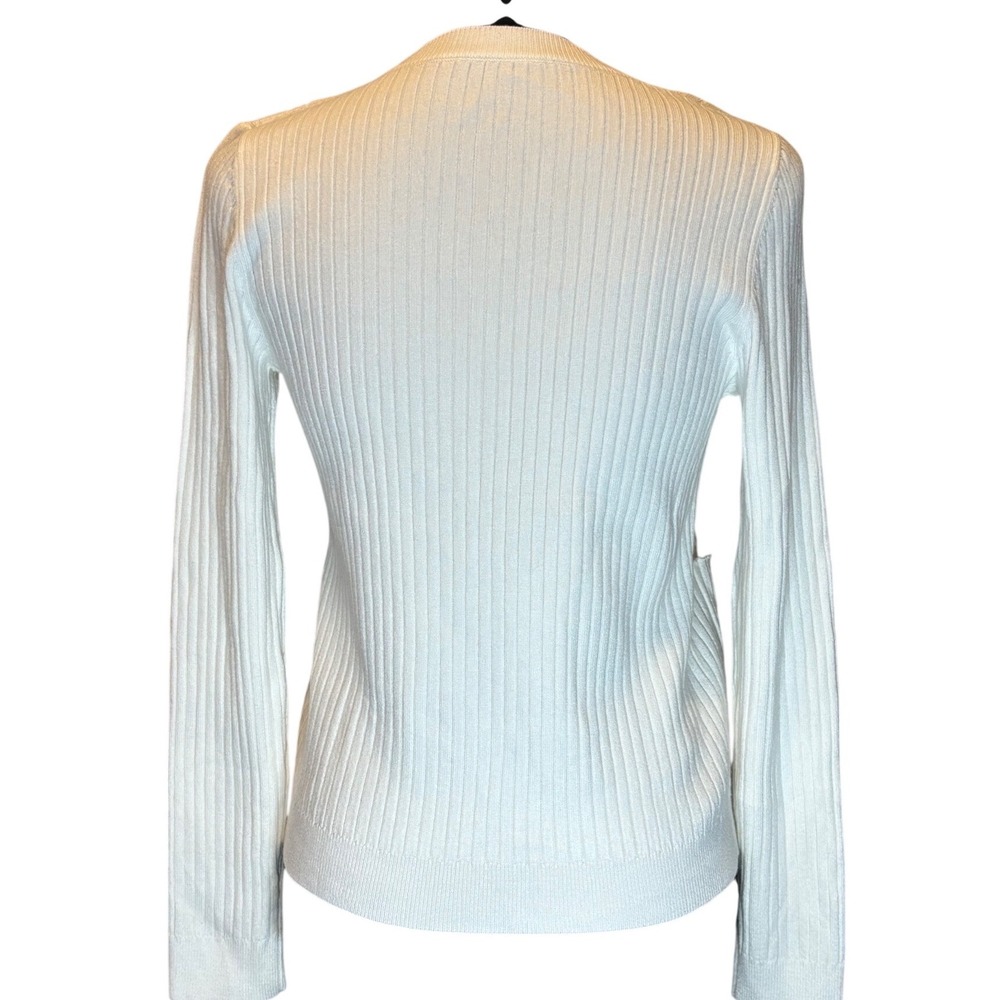 Commense Cardigan Med Off White Ribbed Knit Gold Button Front Crew Neck Sweater - Picture 4 of 7